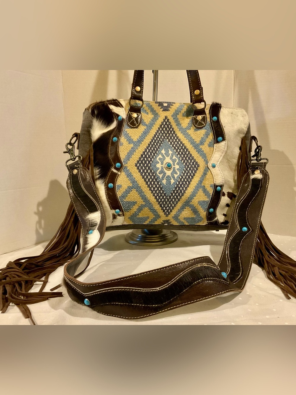 MYRA NEEDLEPOINT HANDBAG, LEATHER & HAIR CALF MATCHING GUITAR / SHOULDER STRAP - Picture 2 of 15